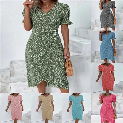 Robe de vacances décontractée à col en V et ourlet irrégulier à fleurs pour femmes