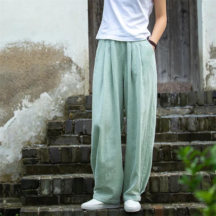 Pantalon droit en coton et lin