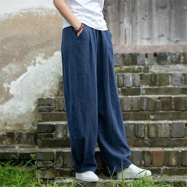 Pantalon droit en coton et lin