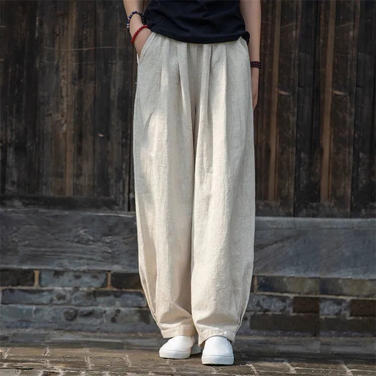 Pantalon droit en coton et lin