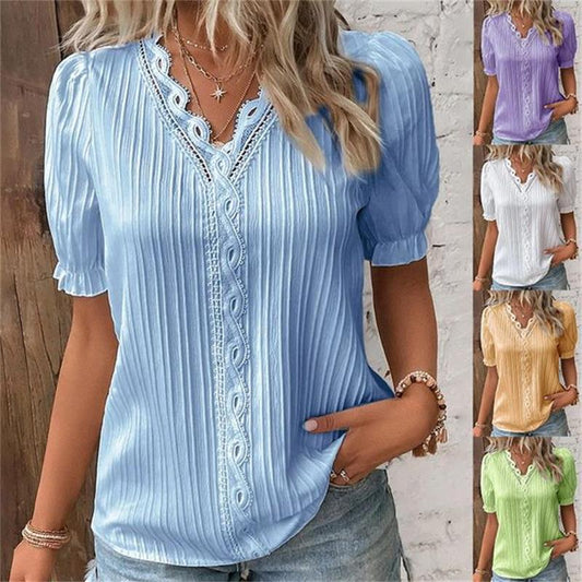 Chemise élégante en dentelle unie à col en V (achetez-en 2, livraison gratuite)