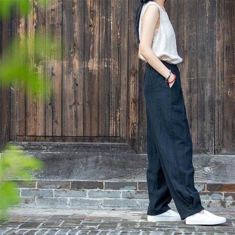 Pantalon droit en coton et lin