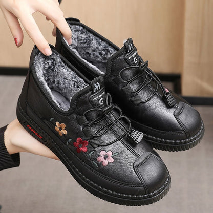Mocassins en cuir et fourrure pour femmes âgées, doux et chauds
