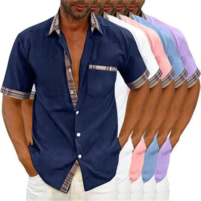 Chemise d'été décontractée à col en plaid et à boutons pour hommes