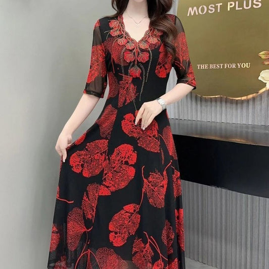 [Meilleur Cadeau Pour Elle] Robe Florale Longue à Taille Amincissante avec Col en V pour Femmes